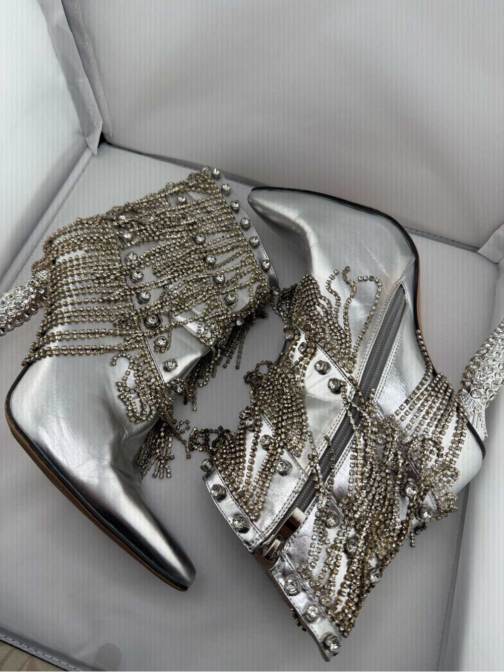 AZALEA WANG Silver Embellished Pointed-Toe Ankle Boots - Picture 2 of 11